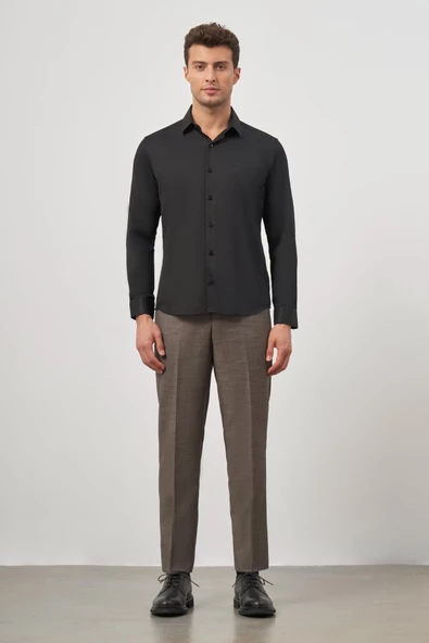 Siyah Uzun Kol Kendinden Desenli Armürlü 032 Sert Yaka Classic Slim Fit Gömlek 1004245152 - Resim 4