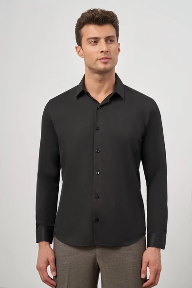 Siyah Uzun Kol Kendinden Desenli Armürlü 032 Sert Yaka Classic Slim Fit Gömlek 1004245152 - Resim 3