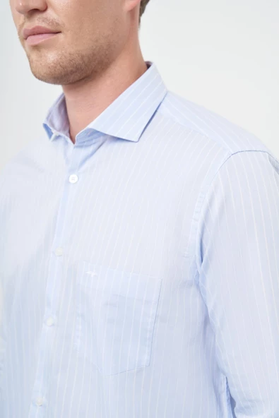 Koyu Mavi Uzun Kol Desen Yarım İtalyan Yaka Cepli Pamuklu Classic Comfort Fit Gömlek 1004245182 - Resim 5