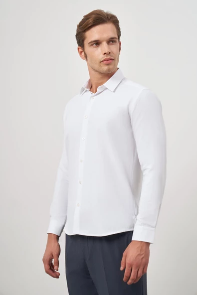 Beyaz Uzun Kol Kendinden Desenli Armürlü 032 Sert Yaka Classic Slim Fit Gömlek 1004245151 - 3