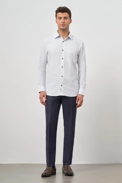 Beyaz Uzun Kol Kareli Desen Bez Ayağı Sert Yaka Cepli Pamuklu Classic Comfort Fit Gömlek 1004245158 - Resim 2