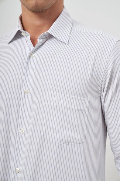 Koyu Lacivert Uzun Kol Çizgili Desen Bez Ayağı 041 Sert Yaka Classic Comfort Fit Gömlek 1004240263 - 6
