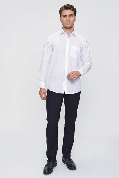 Beyaz Uzun Kol Düz Bez Ayağı 041 Sert Yaka Basic Comfort Fit Gömlek 1004245051 - Resim 2