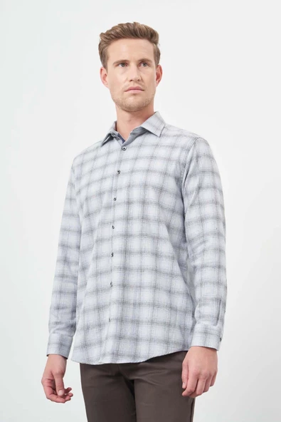 Koyu Mavi Uzun Kol Ekose Desen Gabardin Cepsiz Pamuklu Classic Comfort Fit Gömlek 1004245165 - Resim 3