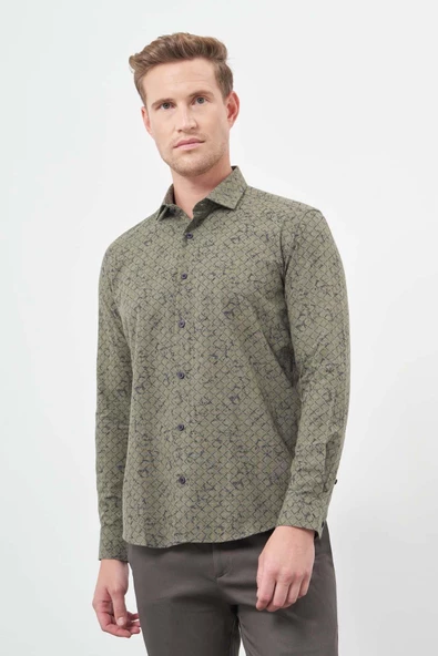 Koyu Haki Uzun Kol Yarım İtalyan Yaka Cepsiz Pamuklu Classic Slim Fit Gömlek 1004245222