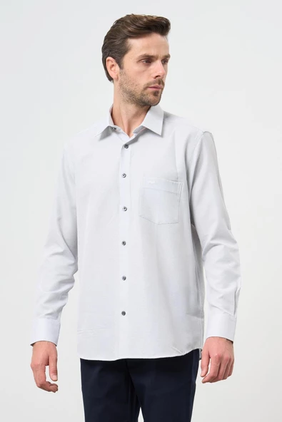 Gri Uzun Kol Kendinden Cepli Pamuklu Classic Comfort Fit Gömlek 1004245213