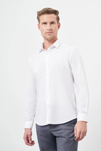 Beyaz Uzun Kol Kendinden Armürlü Cepsiz Pamuklu Classic Slim Fit Gömlek 1004245202 - Resim 3