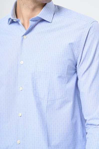 Mavi Uzun Kol Kendinden Armürlü Yarım İtalyan Cepli Pamuklu Classic Comfort Fit Gömlek 1004245210 - Resim 4