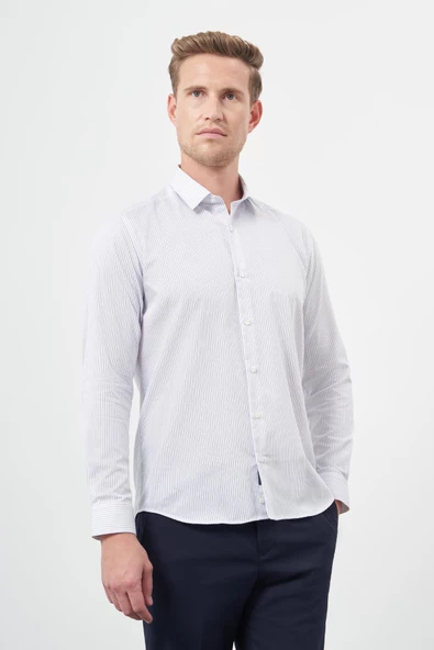 Beyaz Uzun Kol Çizgili Desen Gabardin Sert Yaka Cepsiz Pamuklu Classic Slim Fit Gömlek 1004245205