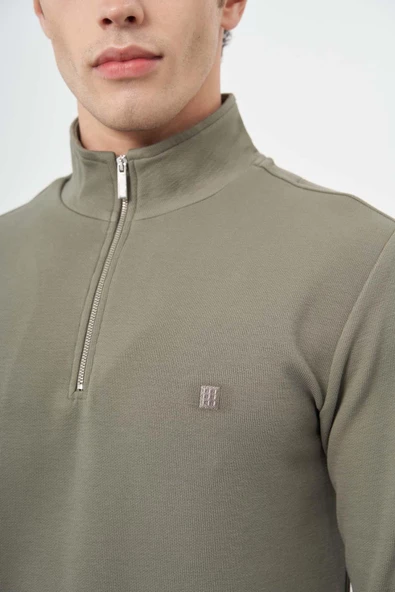 Koyu Haki Örme Hakim Yaka Pamuklu Casual Slim Fit Dar Kesim Sweatshirt 1013245151 - Resim 4