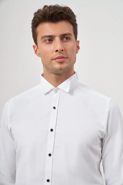 Beyaz Uzun Kol Kendinden Armürlü Ata Yaka Cepsiz Pamuklu Ceremony Slim Fit Gömlek 1004240331 - Resim 4