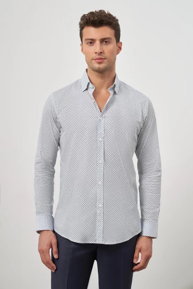 Beyaz Uzun Kol Perfectto Alttan Biritli Yaka Cepsiz Pamuklu Classic Slim Fit Gömlek 1004240259 - Resim 3