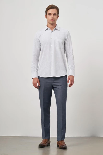 Koyu Lacivert Uzun Kol Çizgili Desen Bez Ayağı 041 Sert Yaka Classic Comfort Fit Gömlek 1004240263 - 2