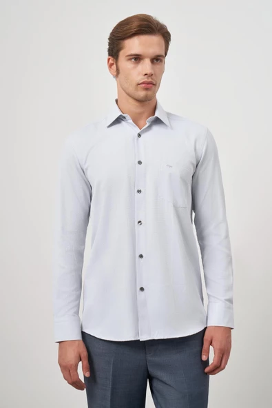 Gri Uzun Kol Kendinden Desenli Armürlü 041 Sert Yaka Classic Comfort Fit Gömlek 1004245156 - 5