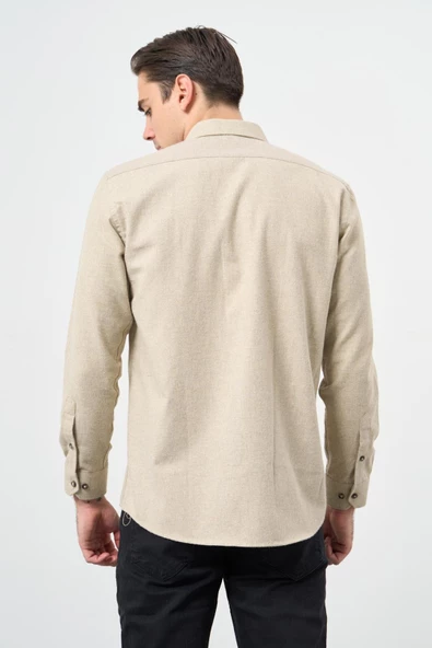 Açık Bej Uzun Kol Düz Gabardin Sert Yaka Cepli Pamuklu Classic Comfort Fit Gömlek 1004245168 - 6
