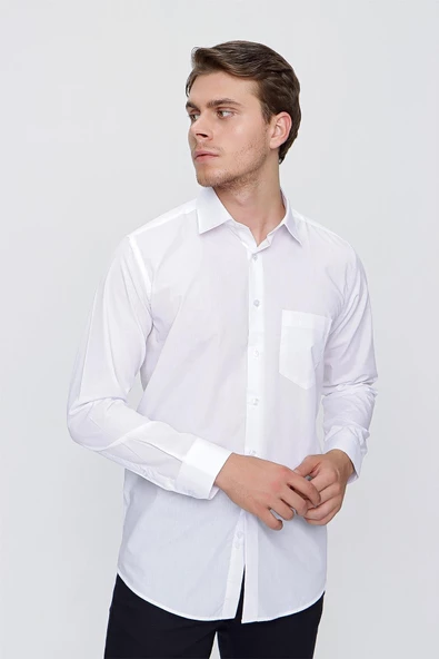 Beyaz Uzun Kol Düz Bez Ayağı 041 Sert Yaka Basic Comfort Fit Gömlek 1004245051