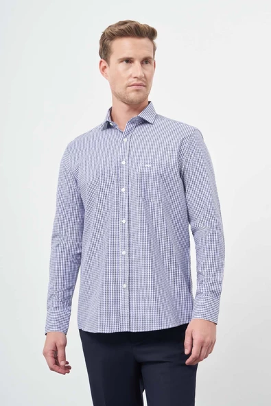 Koyu Lacivert Uzun Kol Kazayağı Desen Yarım İtalyan Cepli Classic Comfort Fit Gömlek 1004245189 ürün görseli