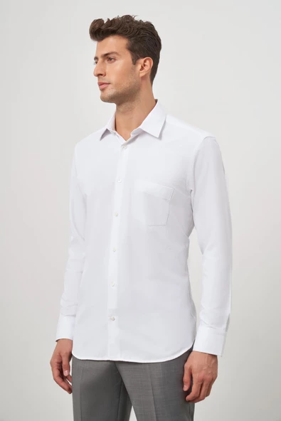Beyaz Uzun Kol Kendinden Desenli Armürlü 041 Sert Yaka Classic Comfort Fit Gömlek 1004245154 - Resim 3