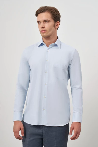 Koyu Mavi Uzun Kol Kendinden Desenli Armürlü 041 Sert Yaka Classic Comfort Fit Gömlek 1004245154