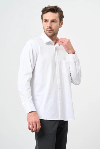 Beyaz Uzun Kol Düz Sert Yaka Pamuklu Classic Comfort Fit Gömlek 1004245269