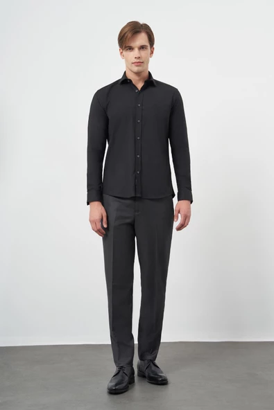 Siyah Uzun Kol Düz Bez Ayağı Yarım İtalyan Yaka Cepsiz Pamuklu Classic Slim Fit Gömlek 1004245211 - Resim 2