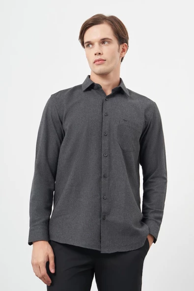 Siyah Uzun Kol Düz Gabardin Sert Yaka Cepli Pamuklu Classic Comfort Fit Gömlek 1004245168 - Resim 3