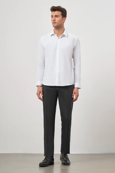 Beyaz Uzun Kol Kendinden Desenli Armürlü 032 Sert Yaka Classic Slim Fit Gömlek 1004245152 - Resim 2