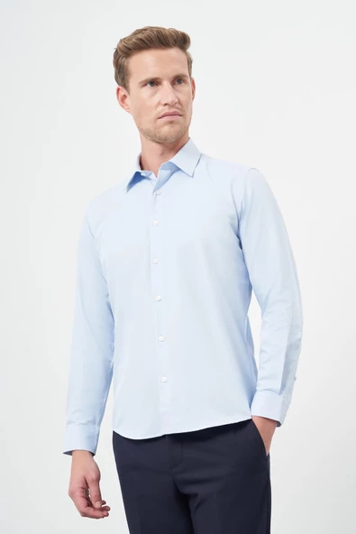 Koyu Mavi Uzun Kol Düz Bez Ayağı Sert Yaka Cepsiz Pamuklu Classic Slim Fit Gömlek 1004245267 - Resim 3