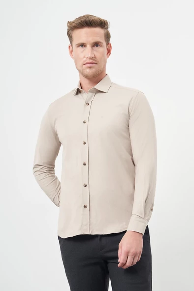 Bej Uzun Kol Düz Bez Ayağı Yarım İtalyan Yaka Cepsiz Pamuklu Classic Slim Fit Gömlek 1004245211 - Resim 3