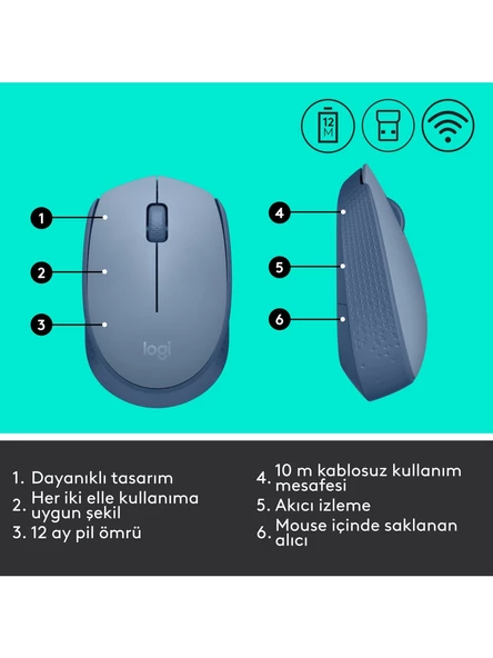 Logitech M171 910-006866 Mavi-Gri Optik Kablosuz Mouse - 5