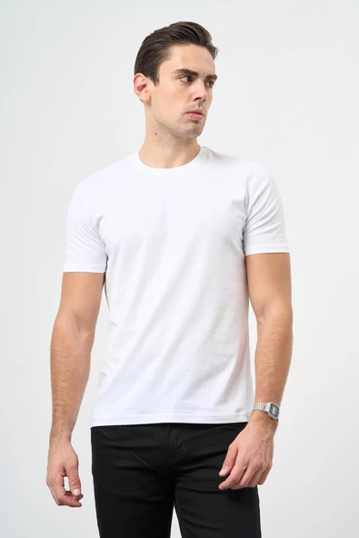 Beyaz Kısa Kol Düz Bez Ayağı Bisiklet Yaka Casual Slim Fit Tişört 1011245193