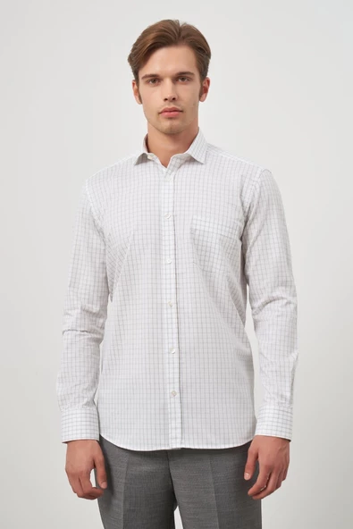 Beyaz Uzun Kol Kareli Desen Gabardin Yarım İtalyan Cepli Classic Comfort Fit Gömlek 1004245193 - Resim 7