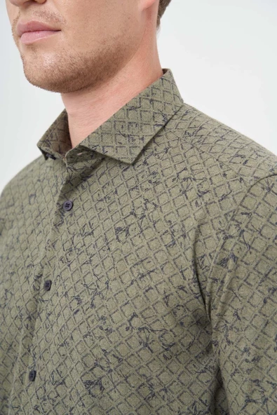 Koyu Haki Uzun Kol Yarım İtalyan Yaka Cepsiz Pamuklu Classic Slim Fit Gömlek 1004245222 - Resim 4