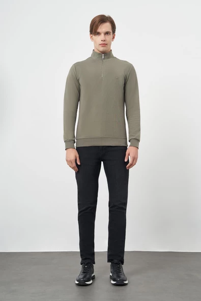 Koyu Haki Örme Hakim Yaka Pamuklu Casual Slim Fit Dar Kesim Sweatshirt 1013245151 - Resim 2