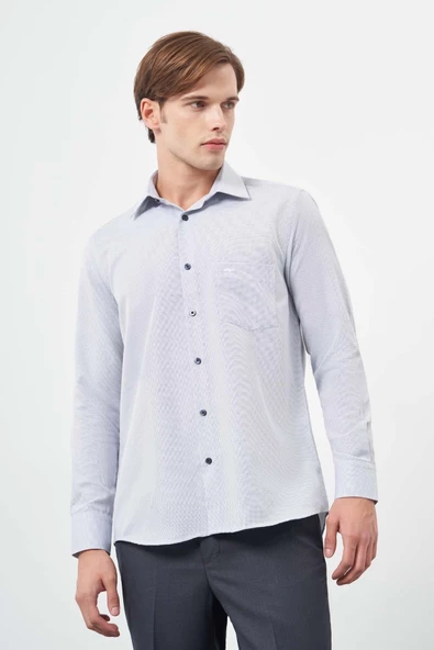 Koyu Lacivert Uzun Kol Kendinden Cepli Pamuklu Classic Comfort Fit Gömlek 1004245213 - Resim 3