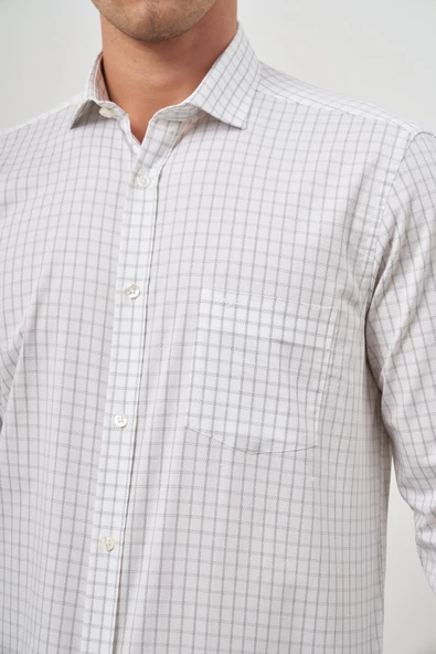 Beyaz Uzun Kol Kareli Desen Gabardin Yarım İtalyan Cepli Classic Comfort Fit Gömlek 1004245193 - Resim 6