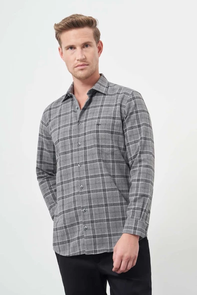 Füme Uzun Kol Ekose Desen Gabardin Sert Yaka Cepli Pamuklu Classic Comfort Fit Gömlek 1004245170 - 3