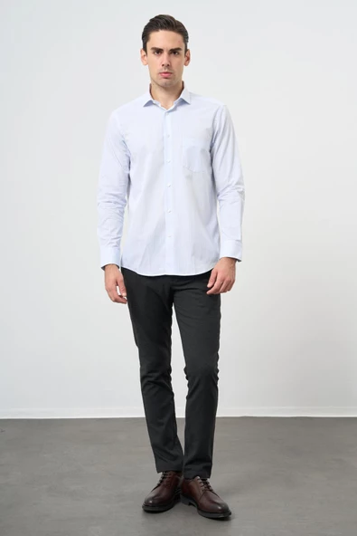 Beyaz Uzun Kol Desen Yarım İtalyan Yaka Cepli Pamuklu Classic Comfort Fit Gömlek 1004245183 - Resim 2