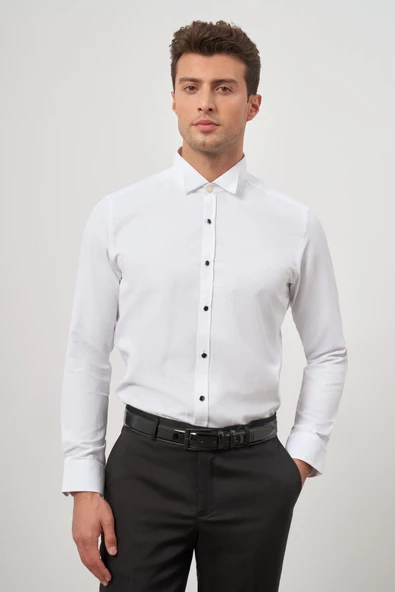 Beyaz Uzun Kol Kendinden Armürlü Ata Yaka Cepsiz Pamuklu Ceremony Slim Fit Gömlek 1004240331