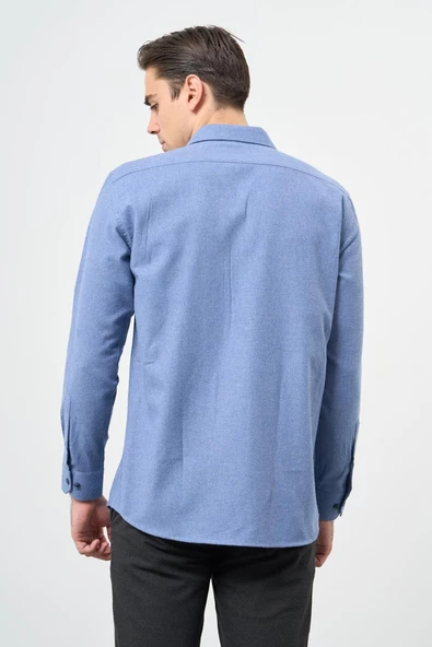 Mavi Uzun Kol Düz Gabardin Sert Yaka Cepli Pamuklu Classic Comfort Fit Gömlek 1004245168 - 5