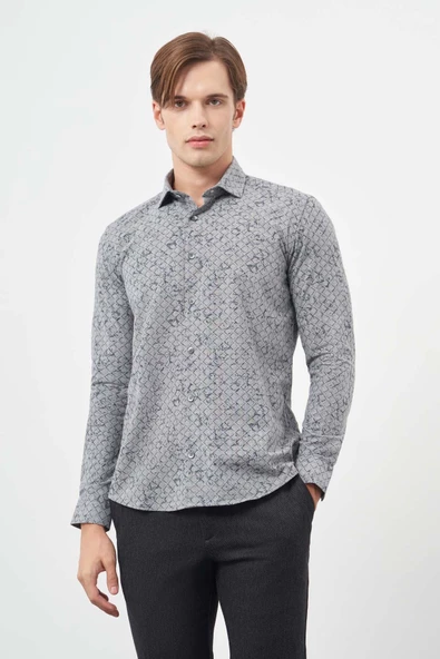 Füme Uzun Kol Yarım İtalyan Yaka Cepsiz Pamuklu Classic Slim Fit Gömlek 1004245222