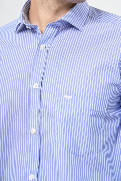 Mavi Uzun Kol Desen Yarım İtalyan Yaka Cepli Pamuklu Classic Comfort Fit Gömlek 1004245195 - Resim 4