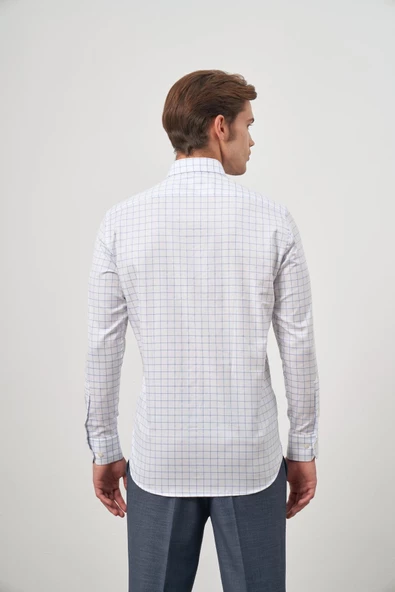 Beyaz Uzun Kol Kareli Desen Yarım İtalyan Cepli Classic Comfort Fit Gömlek 1004245196 - Resim 7