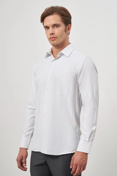 Beyaz Uzun Kol Kareli Desen Bez Ayağı Sert Yaka Cepli Pamuklu Classic Comfort Fit Gömlek 1004245163 - 3