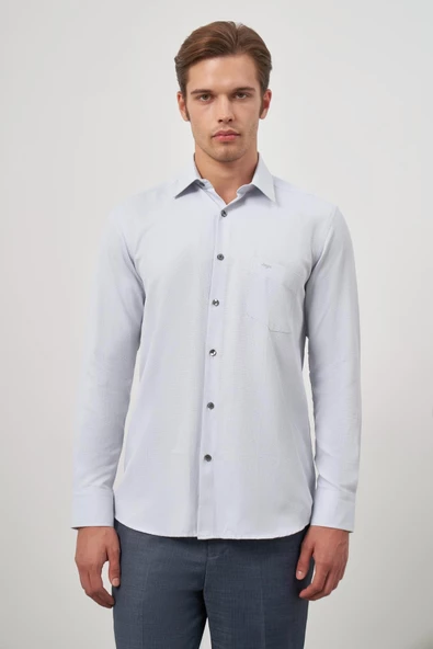 Gri Uzun Kol Kendinden Desenli Armürlü 041 Sert Yaka Classic Comfort Fit Gömlek 1004245156