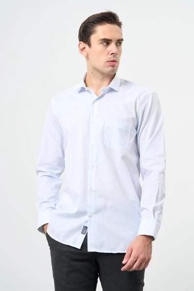 Beyaz Uzun Kol Desen Yarım İtalyan Yaka Cepli Pamuklu Classic Comfort Fit Gömlek 1004245184 - Resim 3