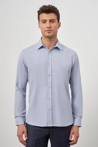 Koyu Mavi Uzun Kol Kendinden Armürlü Cepsiz Pamuklu Classic Slim Fit Gömlek 1004245161