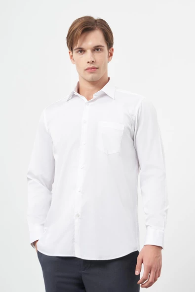 Beyaz Uzun Kol Düz Bez Ayağı 041 Sert Yaka Classic Comfort Fit Gömlek 1004245323