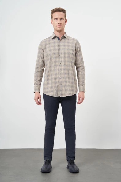 Camel Uzun Kol Ekose Desen Gabardin Sert Yaka Cepsiz Pamuklu Classic Comfort Fit Gömlek 1004245165 - Resim 2