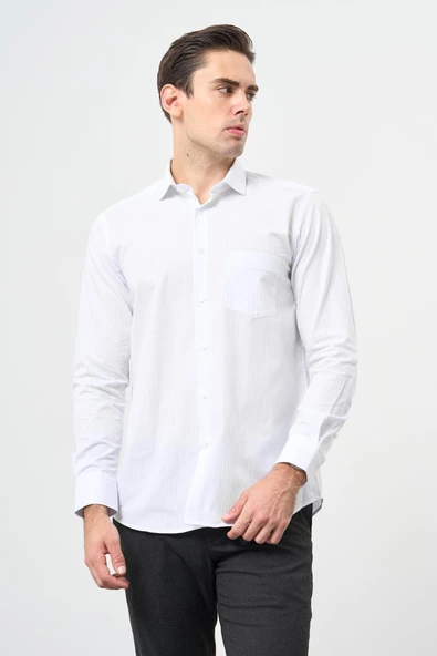 Beyaz Uzun Kol Desen Yarım İtalyan Yaka Cepli Pamuklu Classic Comfort Fit Gömlek 1004245183
